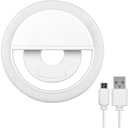 GloboStar(R) 79042 Selfie Ring Light LED SMD 2W 200 lm Λευκό Σώμα με Ενσωματωμένη Επαναφορτιζόμενη Μπαταρία 500mAh & Καλώδιο Φόρτισης Micro USB Ψυχρό Λευκό 6000 K για Κινητό Τηλέφωνο και Tablet Φ8.5 x