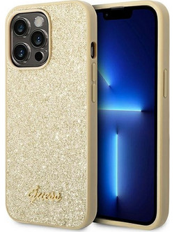 Guess Glitter Flakes Script Metal Logo Back Cover Gold (iPhone 14 Pro Max)