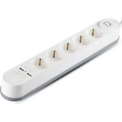 Πολύπριζο 5 Θέσεων με 3x1,5mm και 3m Καλώδιο,Διακόπτη και 2 Θύρες USB Λευκό 8807 V-TAC