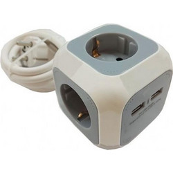 Πολύμπριζο κύβος 3θέσεων - 2 USB, 1,5m μήκος (Σετ 1τεμ)
