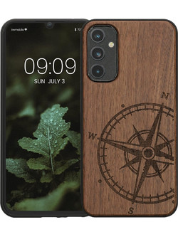 KWmobile Σκληρή Ξύλινη Θήκη με TPU Bumper - Samsung Galaxy A34 - Walnut / Navigational Compass (60813.01)