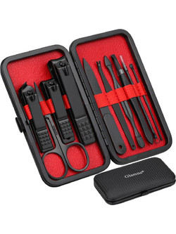 Glamne Stainless Steel Manicure Set Nail with Leather Case 10pcs (Black)