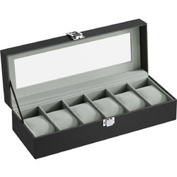 SONGMICS Watch Box PU Cover and Glass Lid with 6 Compartments, Velvet Lining in Grey
