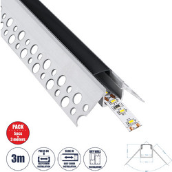 GloboStar(R) PLASTERBOARD-PROFILE 70822-3M Προφίλ Αλουμινίου - Βάση & Ψύκτρα Ταινίας LED με Μαύρο Φιμέ Κάλυμμα - Χωνευτή Γωνιακή Χρήση σε Εξωτερική Γωνία Γυψοσανίδας - Trimless - Πατητό Κάλυμμα - Ασημ