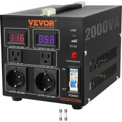 Μετασχηματιστής μετατροπέα τάσης VEVOR, 2000VA, μετασχηματιστής βαρέως τύπου Step Up/Down, Μετατροπή από 110 Volt σε 220 Volt και από 220 Volt σε 110 Volt, με πρίζα US Outlet EU Outlet 5V USB, με πιστ