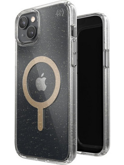Speck Presidio Perfect-Clear with Glitter + MagSafe - Case for iPhone 15 Plus / 14 Plus with MICROBAN coating (Clear / Gold Glitter) - (150121-9221)