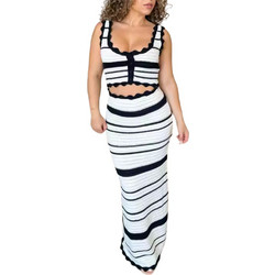 MARINA STRIPES Πλεκτό σετ με ριγέ κοντό τοπ και μακρυά φούστα ΑΣΠΡΟΜΑΥΡΟ