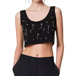 TWINSET TANK TOP Κοντό τοπ ΑΜΑΝΙΚΟ ΜΑΥΡΟ με κεντημένα στο χέρι χάντρες, στρογγυλή λαιμόκοψη, φαρδιές τιράντες ώμου, ίσια εφαρμογή