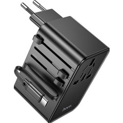Φορτιστής Ταξιδίου Hoco AC18 Universal Converter US EU AU UK με 2 χ USB 1 χ USB-C και Ενσωματομένο Καλώδιο USB-C PD35W QC3.0 Μαύρο - Hoco