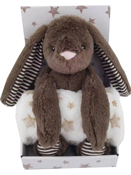 Carlo Baby - Fleece Blanket Beige Star & Stuffed Animal Dark Brown Rabbit (18432)