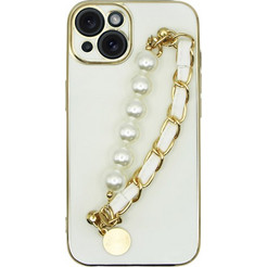 Vivid Silicone Case Pearl Chain Holder Apple iPhone 15 White/Gold