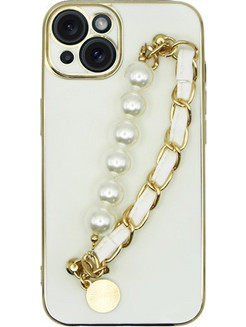 Vivid Silicone Case Pearl Chain Holder Apple iPhone 15 White/Gold