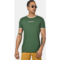 Ανδρικό T-shirt Normal Fit από 100% Βαμβάκι με Λευκή Ρίγα στο Γιακά & Minimal Logo Print - ΠΡΑΣΙΝΟ