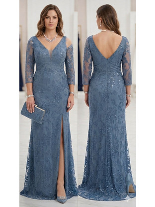 Dusty Blue Gown: Πολυτέλεια με Ανάγλυφη Δαντέλα & Παγιέτες - Γαλάζιο