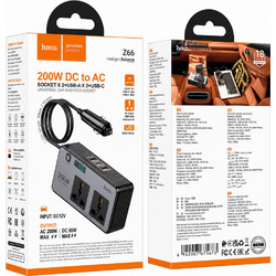 Φορτιστής Μετατροπέας 12V σε 220V Αυτοκινήτου Hoco Z66 με 2 Έξόδους 200W και 2xUSB-A 1xUSB-C 66W LED Display Καλώδιο 50cm Μαύρος