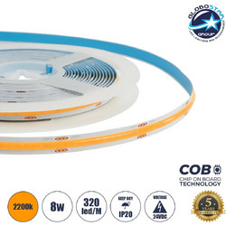 GLOBOSTAR(R) BEE 70362 Ταινία LED 8W/m 640lm/m 120 DC 24V IP20 320 x COB Chip/m Ultra Θερμό Λευκό 2200K Dimmable - Sanan COB Chip - Μ500 x Π0.8 x Υ0.2cm - Ρολό 5 Μέτρων