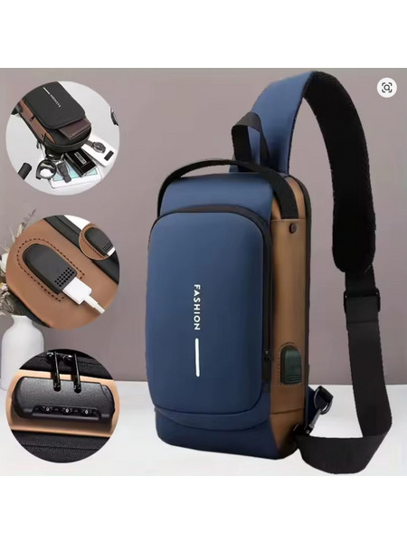 Ανδρικό Τσαντάκι Στήθους και Ώμου Crossbody Αντικλεπτικό με Κλειδαριά Συνδυασμού και USB Σκούρο Μπλε-Χρυσό - 45-1191
