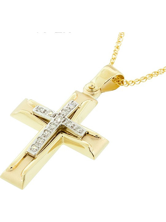 Εντυπωσιακός χρυσός σταυρός σε 18 καράτια με διαμάντια 0.11ct και αλυσίδα σε 14 καράτια. CRK4637