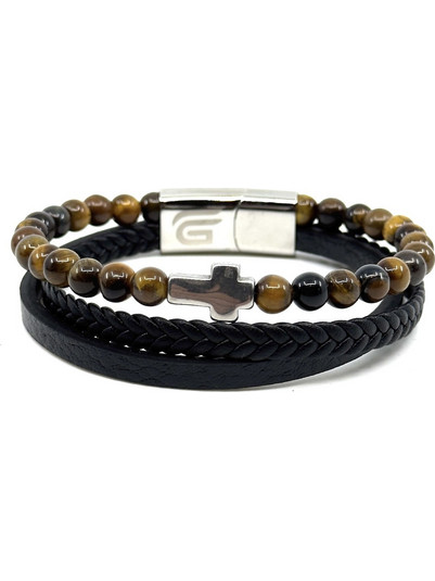 Legend Accessories Ανδρικό Βραχιόλι με Σταυρό από Δέρμα & Ατσάλι με Χάντρες LGD-BR-2079A