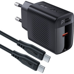 Acefast A82 Φορτιστής με Καλώδιο USB-C με Θύρα USB-C 20W Power Delivery Black