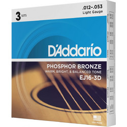 D'Addario EJ16 3-Pack Σετ 6 Χορδές Ακουστικής Κιθάρας Phosphor Bronze 12-53" Light Tension