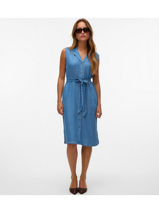 Vero Moda Midi Καλοκαιρινό Καθημερινό Φόρεμα Σεμιζιέ Μπλε 10304888