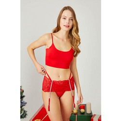 Cottonhill Σετ Sexy Εσώρουχα See Through με Δαντέλα & Ζαρτιέρες Κόκκινα CH7004