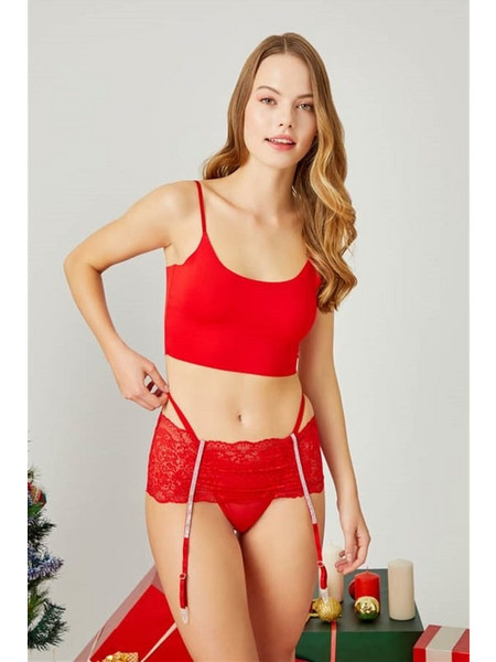 Cottonhill Σετ Sexy Εσώρουχα See Through με Δαντέλα & Ζαρτιέρες Κόκκινα CH7004