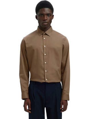 Selected Ανδρικό Πουκάμισο Βαμβακερό Μακρυμάνικο Slim Fit Καφέ 16092939