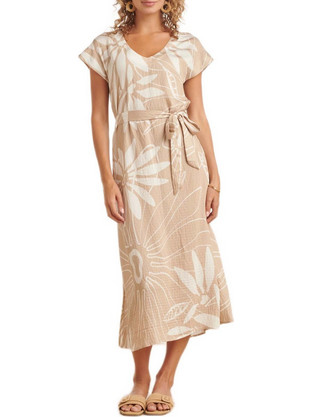 Smashed Lemon Midi Καλοκαιρινό Καθημερινό Φόρεμα Floral Μπεζ 26010725-010