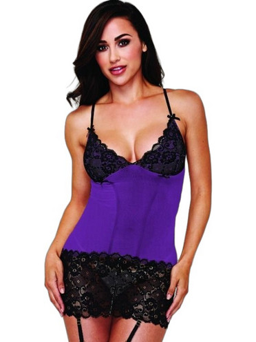 Baci Sexy Babydoll See Through με Δαντέλα & Ζαρτιέρες Μαύρο Μωβ D-210847