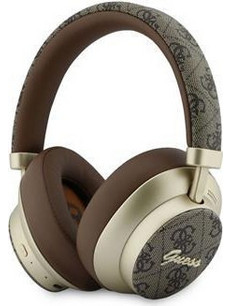 Guess PU 4G Gold Script Metal Logo ENC Ασύρματα Bluetooth Ακουστικά Over Ear με Noise Cancelling Καφέ Χρυσά