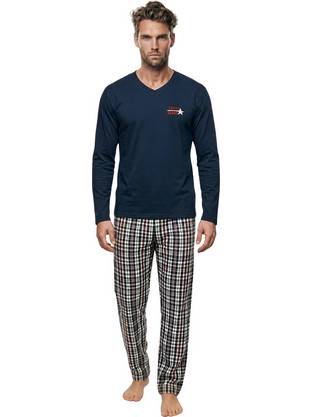 PNN Nightwear Χειμωνιάτικες Ανδρικές Πιτζάμες Βαμβακερές Καρό Navy Μπλε 1261-1456