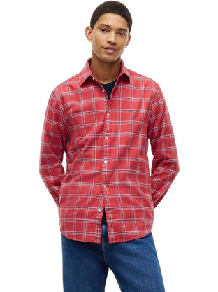 Tommy Jeans Ανδρικό Πουκάμισο Βαμβακερό Καρό Μακρυμάνικο Κανονική Γραμμή Κόκκινο DM0DM23139
