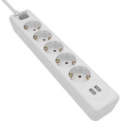 Πολύπριζο Philips SPN3052W/GRS - 5x Schuko - 2x USB-A - Με Διακόπτη On/Off - Παιδική Ασφάλεια - Καλώδιο 1.5m - Λευκό SPN3052W/GRS