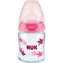 Nuk First Choice+ Γυάλινο Μπιμπερό με Θηλή Σιλικόνης κατά των Κολικών 0-6m Πουλάκια Pink 120ml