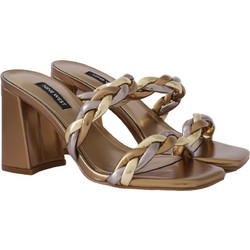 Nine West GARITA3 Γυναικεία Πέδιλα Δερμάτινα Μπρονζέ με Χοντρό Ψηλό Τακούνι