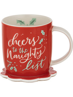 Ladelle Κούπα 12x8.8x9.2cm και Σουβέρ Κόκκινη Naughty List Dasher Πορσελάνη -Σετ 2 Τεμαχίων