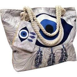 JOIN Τσάντα Παραλίας Χειρός 60x40x14cm Eye Dreamcatcher με Νεσσεσέρ Λευκό