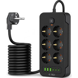 Tech-Protect Πολύπριζο 6 Θέσεων AC με 3 USB & 3 Type-C και Καλώδιο 2m Black