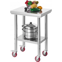 VEVOR Ανοξείδωτο Τραπέζι 61 x 45 cm για Προετοιμασία Τροφίμων με Ρυθμιζόμενη Ραφιέρα και Τροχούς DLGZT2CWDB24K995G001V0