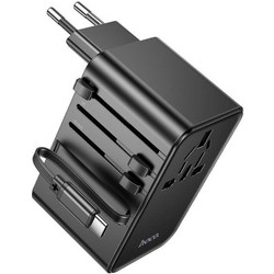 Φορτιστής Ταξιδίου Hoco AC18 Universal Converter US EU AU UK με 2xUSB 1xUSB-C και Ενσωματομένο Καλώδιο USB-C PD35W QC3.0 Μαύρο