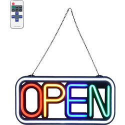 GLOBOSTAR 85857 NEON LED ταμπέλα Animated Square OPEN, 30W AC 230V, On/Off+IR, λευκό/κόκκινο/πράσινο/κίτρινο/γαλάζιο
