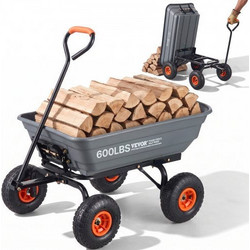VEVOR Dump Cart, Poly Garden Dump Cart with Easy to Assemble Steel Frame, Dump Wagon with 2-in-1 Convertible Handle, Utility Wheelbarrow 600 lbs Capacity, 10 inch Tires