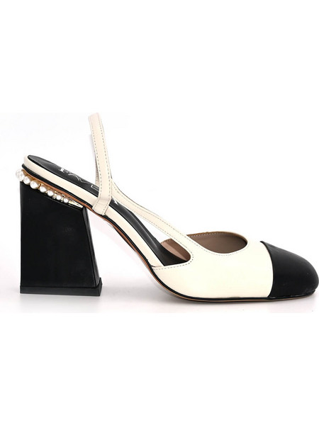 Favela Lilia Γόβες Slingback Δερμάτινες με Χοντρό Ψηλό Τακούνι Μαύρες Εκρού 0116001236