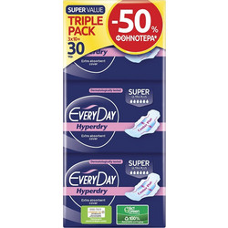 EveryDay Hyperdry Super Ultra Plus Σερβιέτες με Φτερά για Αυξημένη Ροή 6 Σταγόνες 3x10τμχ