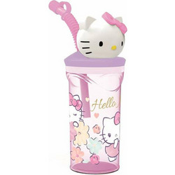 Stor Hello Kitty 3D Παιδικό Ποτήρι Πλαστικό με Καλαμάκι Ροζ Διαφανές 360ml