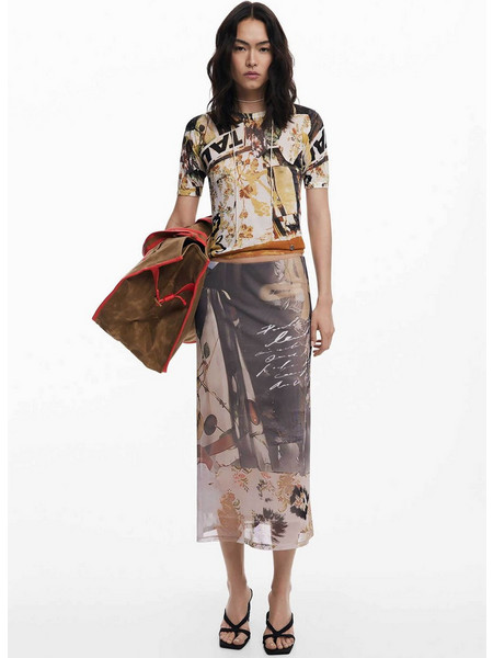 Desigual Μίντι Φούστα Υφασμάτινη Μπεζ Μαύρη 25WWFK05