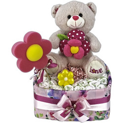 Τούρτα από Πάνες για Νεογέννητο Κορίτσι Flower & Bear Ροζ