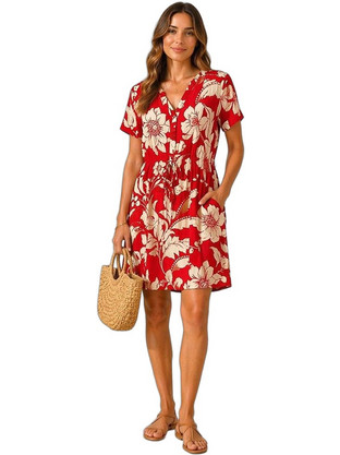 JDY Mini Καλοκαιρινό Φόρεμα Floral Κόκκινο Μπεζ 15371204